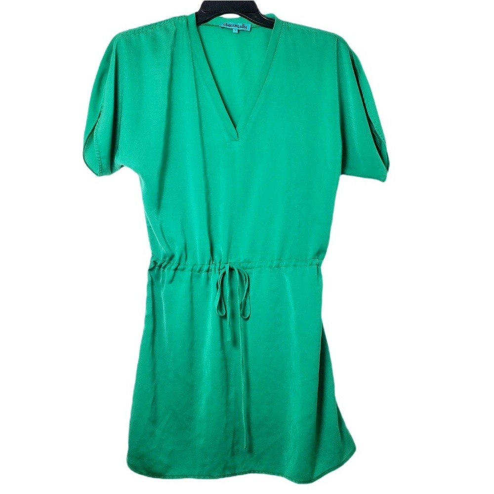 Chasensully Kelly Green V-Neck Drawstring Waist Mini Dress Women's‎ Size Small